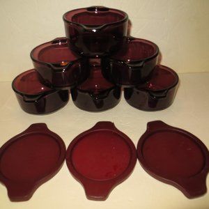 1218E Vintage Pyrex Mexico 6pc Cranberry Glass Two Handled Bowls with 3 Lids